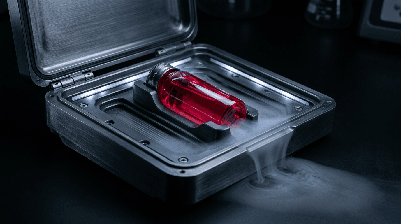 Open graphite-metal preservation case holding a ruby vial in its compartment, with a light, cold condensation.