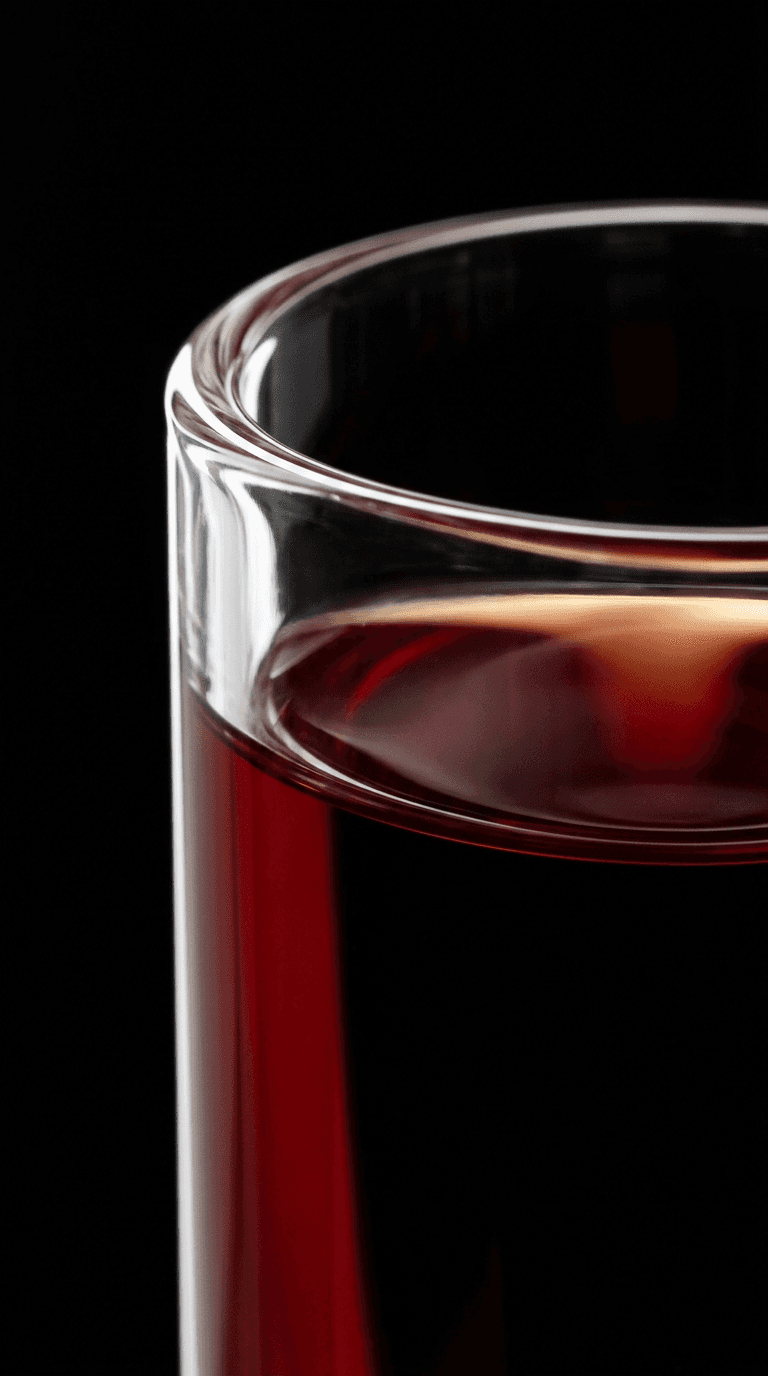 Close-up of the rim of thick glass holding ruby-red liquid and its meniscus.