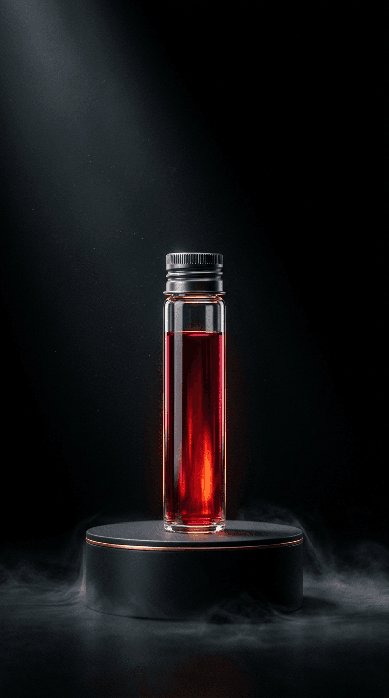 Glass vial filled with ruby-red liquid on a dark pedestal, surrounded by a faint mist at its base.