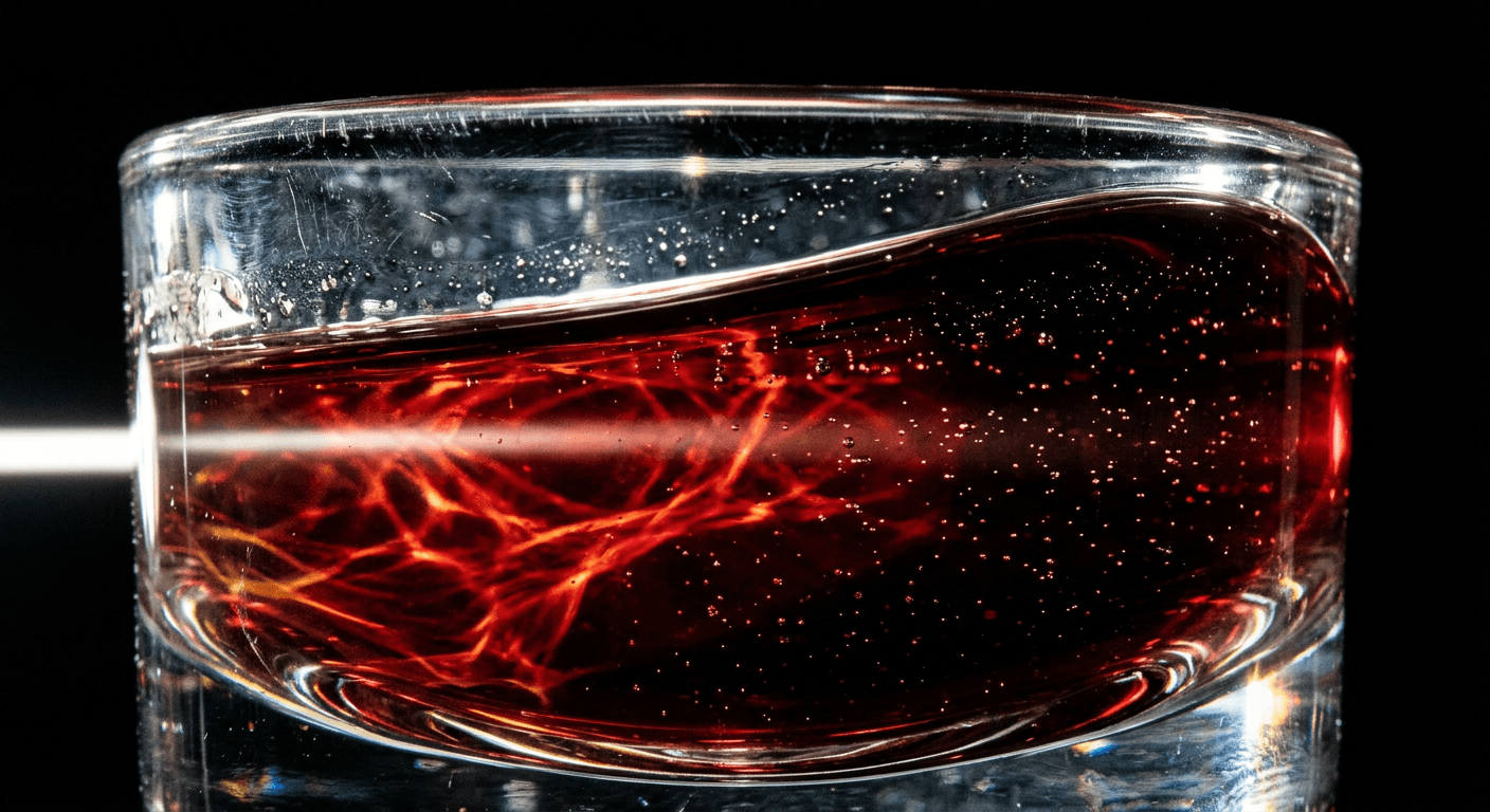 Macro photograph of a beam of light passing through ruby-red liquid inside glass.