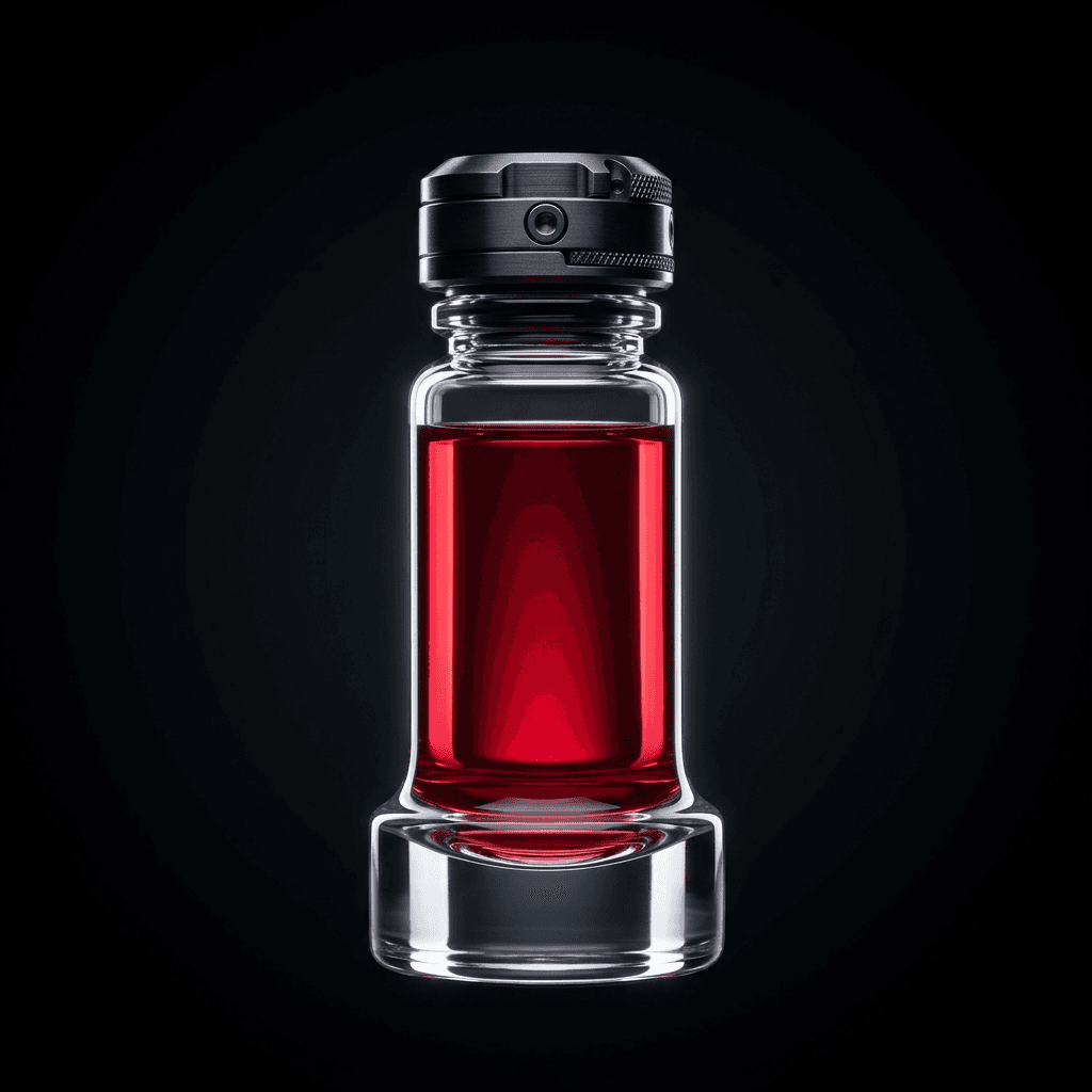 Glass vial with a precision metal cap and ruby-red contents, photographed head-on against a black background.